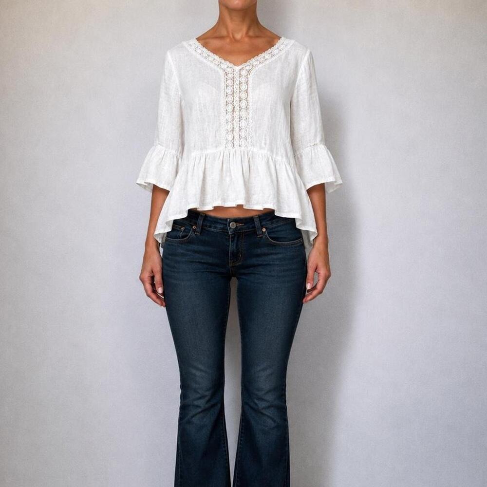 Vintage Italian 100% Linen Romantic Lace Peplum Fairy Luxury Boho Blouse Sz S/M